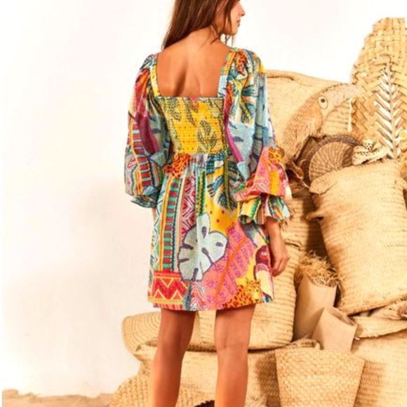 Farm Rio Summer Tapestry Smocked Minidress Artsy Tropical Cottagecore Dopamine - Picture 5 of 13